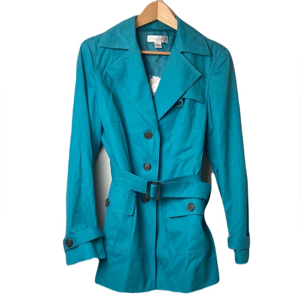 Casual Corner teal green trench coat jacket, size small,NWT. MSRP $129
